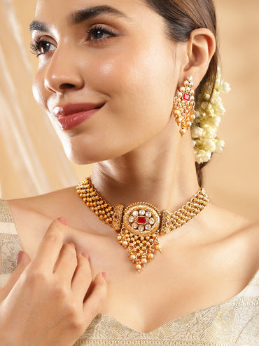 22K Gold Plated Ruby Red & White Kundan Studded Choker Jewellery Set with Golden Beads