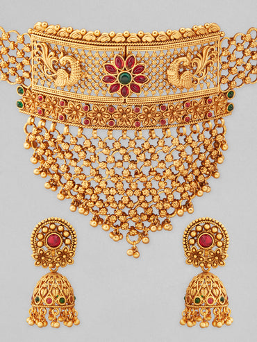 Rubans 22K Gold-Plated Ruby & Emerald and Golden Beaded Detailing Handcrafted Choker Set
