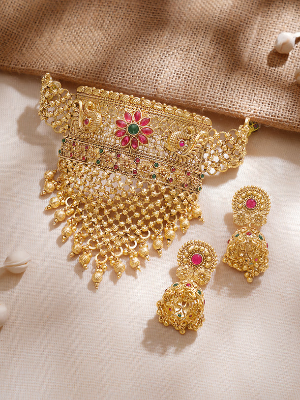 Rubans 22K Gold-Plated Ruby & Emerald and Golden Beaded Detailing Handcrafted Choker Set