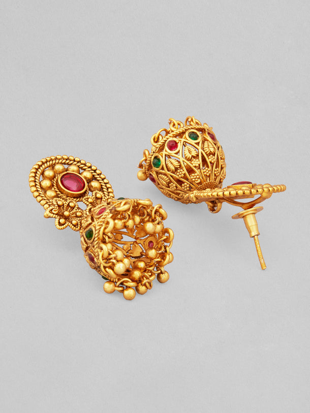 Rubans 22K Gold-Plated Ruby & Emerald and Golden Beaded Detailing Handcrafted Choker Set