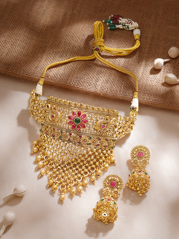 Rubans 22K Gold-Plated Ruby & Emerald and Golden Beaded Detailing Handcrafted Choker Set