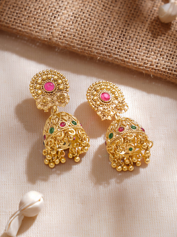 Rubans 22K Gold-Plated Ruby & Emerald and Golden Beaded Detailing Handcrafted Choker Set