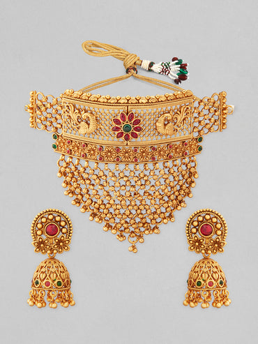 Rubans 22K Gold-Plated Ruby & Emerald and Golden Beaded Detailing Handcrafted Choker Set