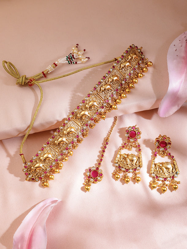 Ruby Studded Elephant Motif Temple Choker Set