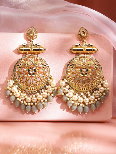 Rubans 22K Gold-Plated Pearl & Grey Stone Studded & Beaded Big Traditional Chandbali Earrings