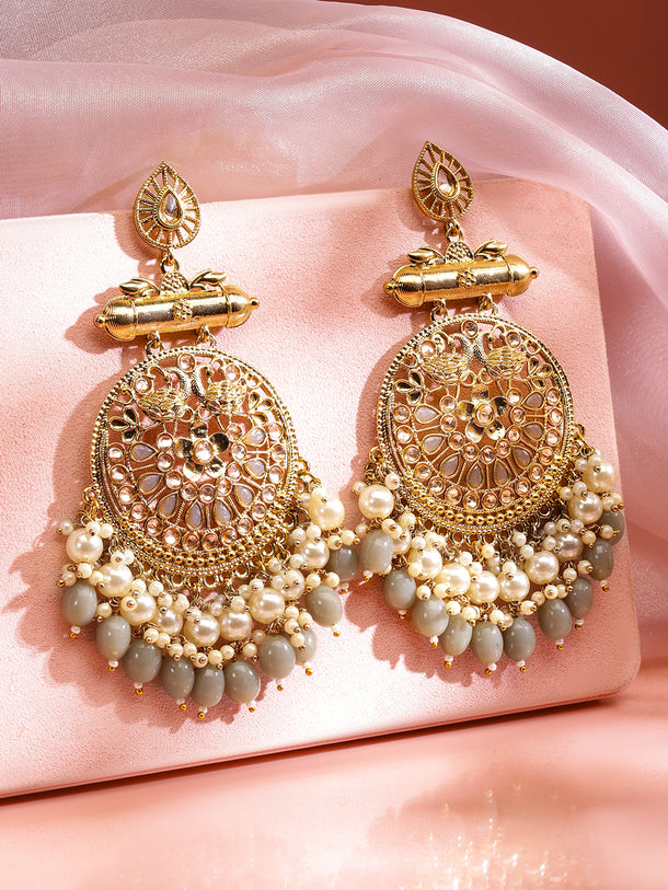 Rubans 22K Gold-Plated Pearl & Grey Stone Studded & Beaded Big Traditional Chandbali Earrings