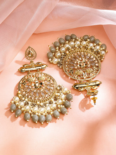 Rubans 22K Gold-Plated Pearl & Grey Stone Studded & Beaded Big Traditional Chandbali Earrings