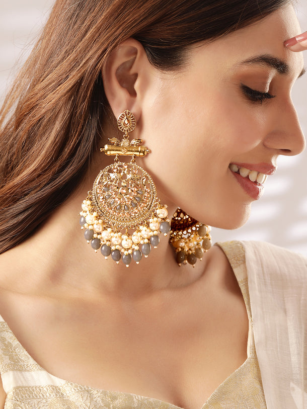 Rubans 22K Gold-Plated Pearl & Grey Stone Studded & Beaded Big Traditional Chandbali Earrings