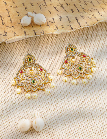 Regal Symphony in Green Red American Diamond Zirconia with Pearls Danglers