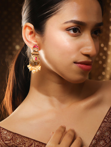 Rubans 24K Gold Plated Stone Studded Pearl Beaded Drop Earrings