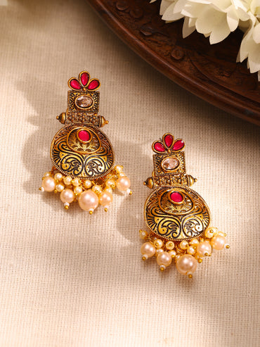 Rubans 24K Gold Plated Stone Studded Pearl Beaded Drop Earrings