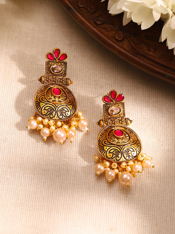 Rubans 24K Gold Plated Stone Studded Pearl Beaded Drop Earrings