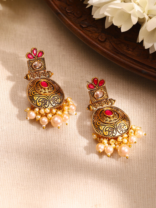Rubans 24K Gold Plated Stone Studded Pearl Beaded Drop Earrings