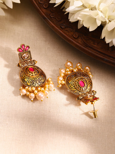 Rubans 24K Gold Plated Stone Studded Pearl Beaded Drop Earrings