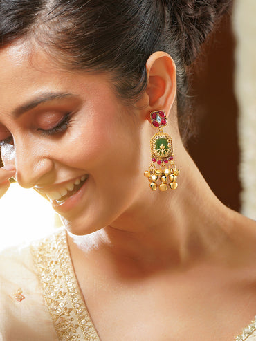 Gold Plated Emerald Ruby Ghungroo Statement Drop Earrings