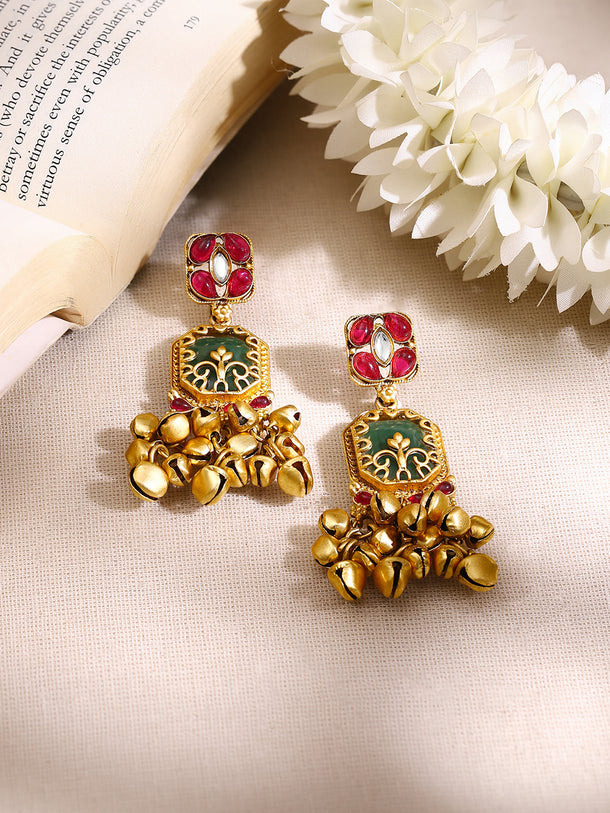 Gold Plated Emerald Ruby Ghungroo Statement Drop Earrings