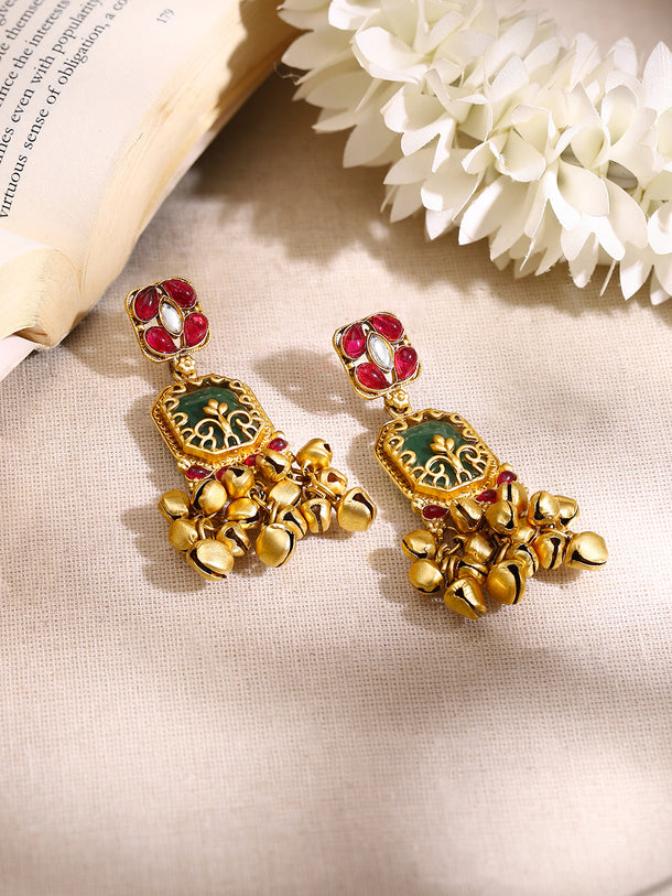 Gold Plated Emerald Ruby Ghungroo Statement Drop Earrings