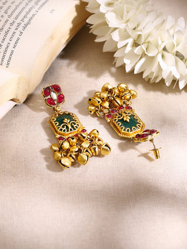 Gold Plated Emerald Ruby Ghungroo Statement Drop Earrings