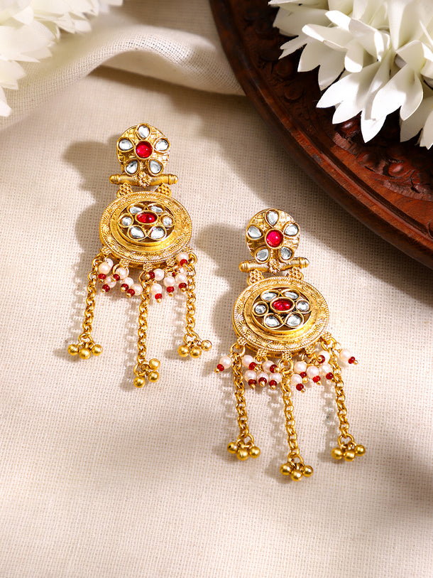 Gold Plated Ruby Kundan Ghungroo Tassel Drop Earrings