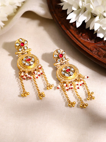 Gold Plated Ruby Kundan Ghungroo Tassel Drop Earrings