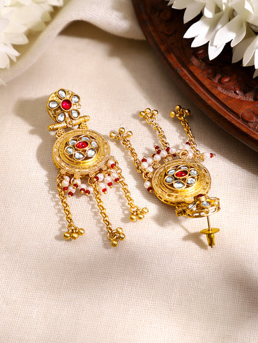 Gold Plated Ruby Kundan Ghungroo Tassel Drop Earrings