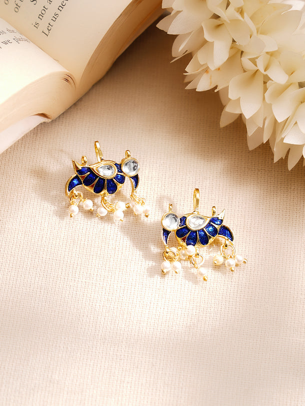 Gold Plated Kundan Bird Motif Pearl Drop Earrings