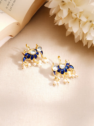 Gold Plated Kundan Bird Motif Pearl Drop Earrings