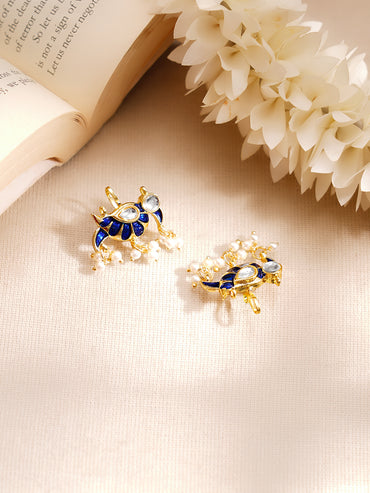 Gold Plated Kundan Bird Motif Pearl Drop Earrings