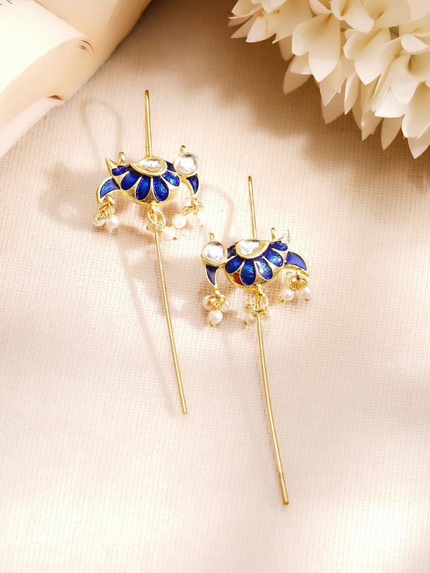 Gold Plated Kundan Bird Motif Pearl Threader Earrings