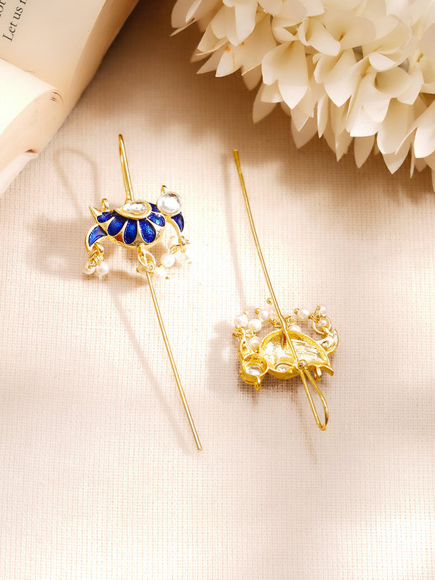 Gold Plated Kundan Bird Motif Pearl Threader Earrings