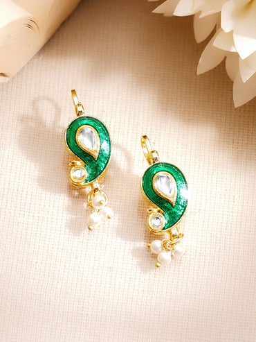 Gold Plated Kundan Paisley Pearl Drop Earrings
