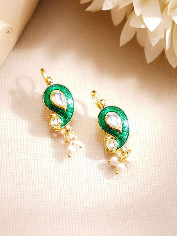 Gold Plated Kundan Paisley Pearl Drop Earrings
