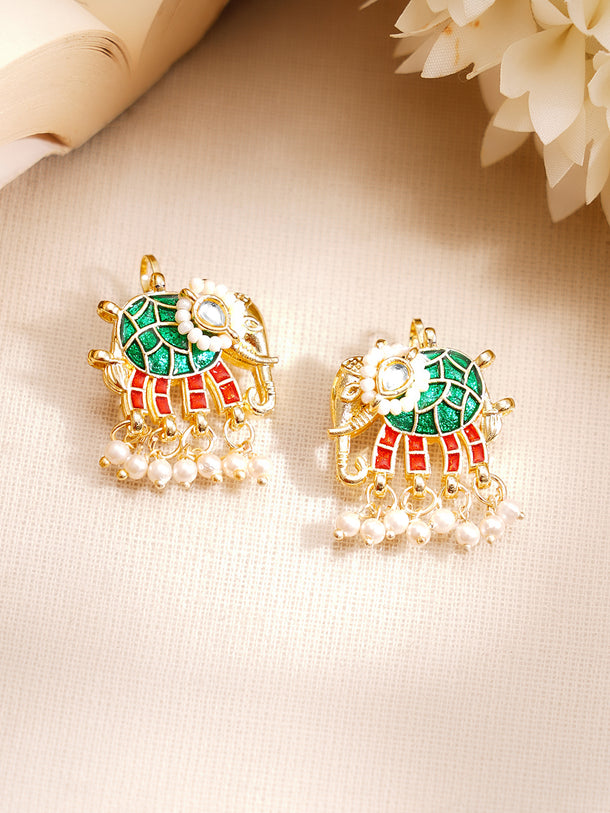 Gold Plated Pearl Beaded Elephant Motif Multicolor Kundan Ear Cuffs