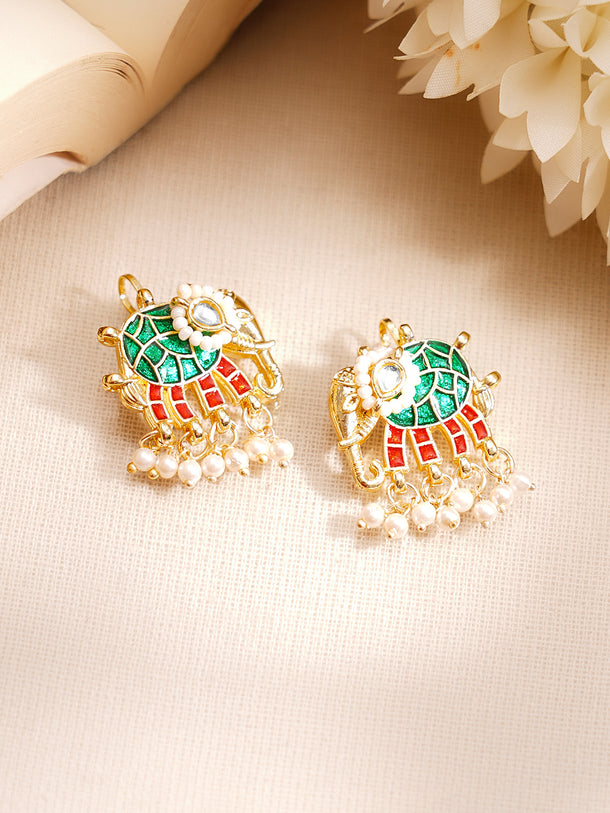 Gold Plated Pearl Beaded Elephant Motif Multicolor Kundan Ear Cuffs