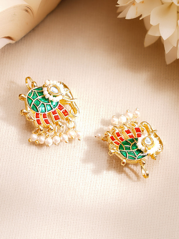 Gold Plated Pearl Beaded Elephant Motif Multicolor Kundan Ear Cuffs