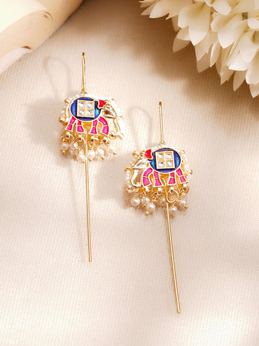 Gold Plated Kundan Elephant Pearl Threader Earrings