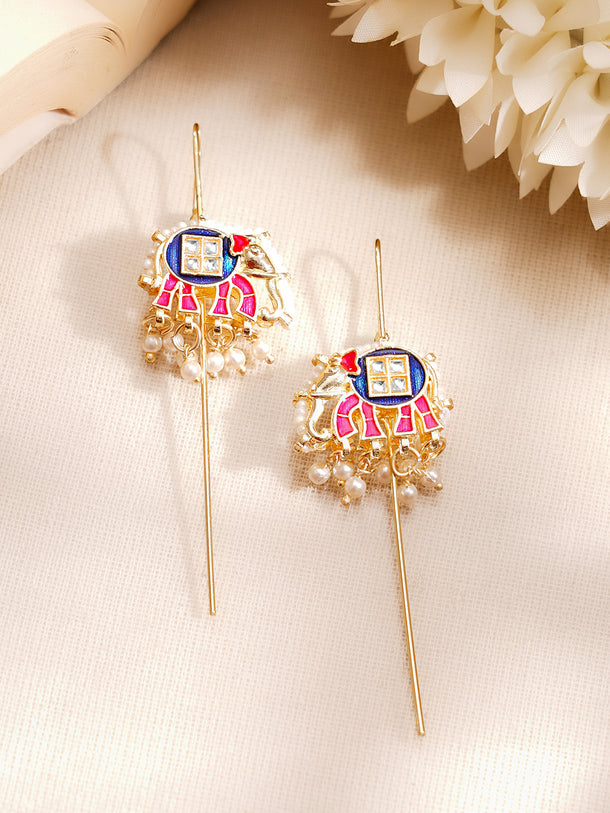 Gold Plated Kundan Elephant Pearl Threader Earrings
