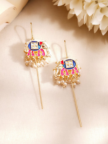 Gold Plated Kundan Elephant Pearl Threader Earrings