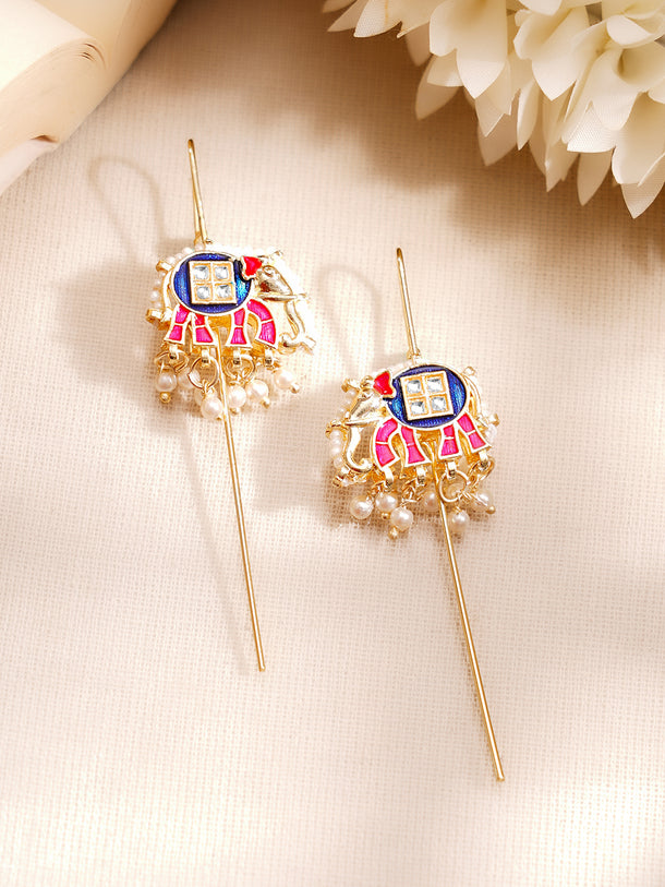 Gold Plated Kundan Elephant Pearl Threader Earrings