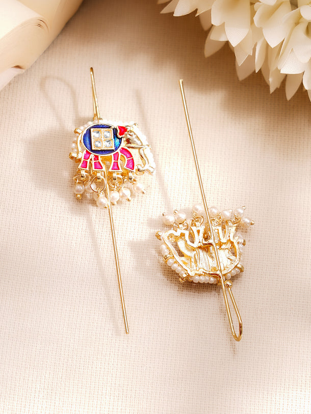 Gold Plated Kundan Elephant Pearl Threader Earrings
