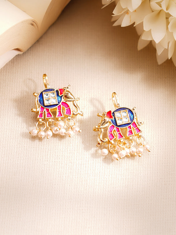Gold Plated Kundan Elephant Pearl Drop Earrings