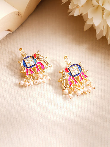 Gold Plated Kundan Elephant Pearl Drop Earrings
