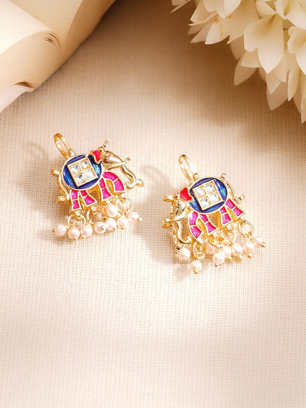 Gold Plated Kundan Elephant Pearl Drop Earrings