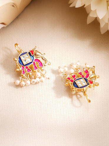 Gold Plated Kundan Elephant Pearl Drop Earrings
