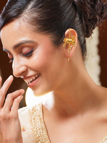 Gold Plated Nandi Pearl Charm Statement Earrings