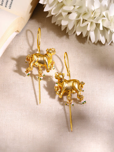 Gold Plated Nandi Pearl Charm Statement Earrings