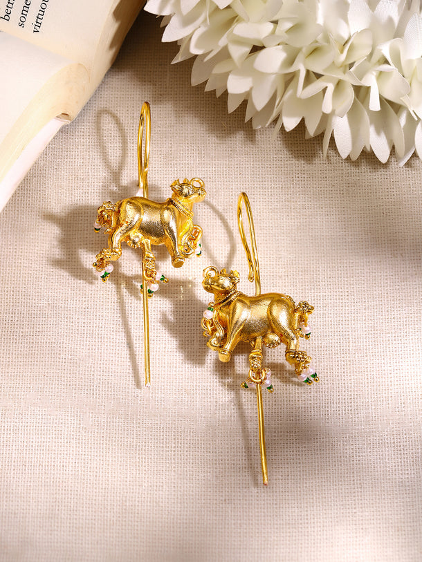 Gold Plated Nandi Pearl Charm Statement Earrings
