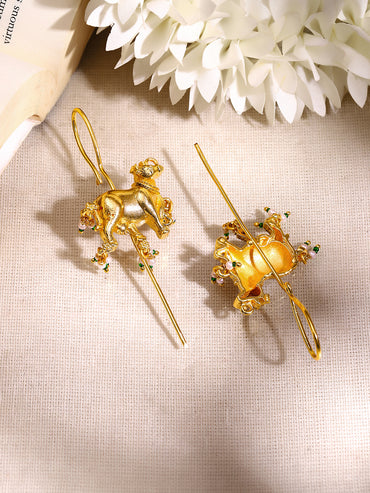 Gold Plated Nandi Pearl Charm Statement Earrings