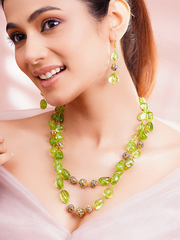 Green Crystal Beaded Layered Statement Necklace Set