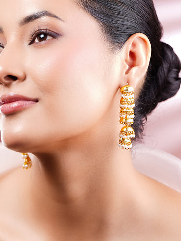 Gold-Plated Pearl Layered Jhumka Dangler Earrings